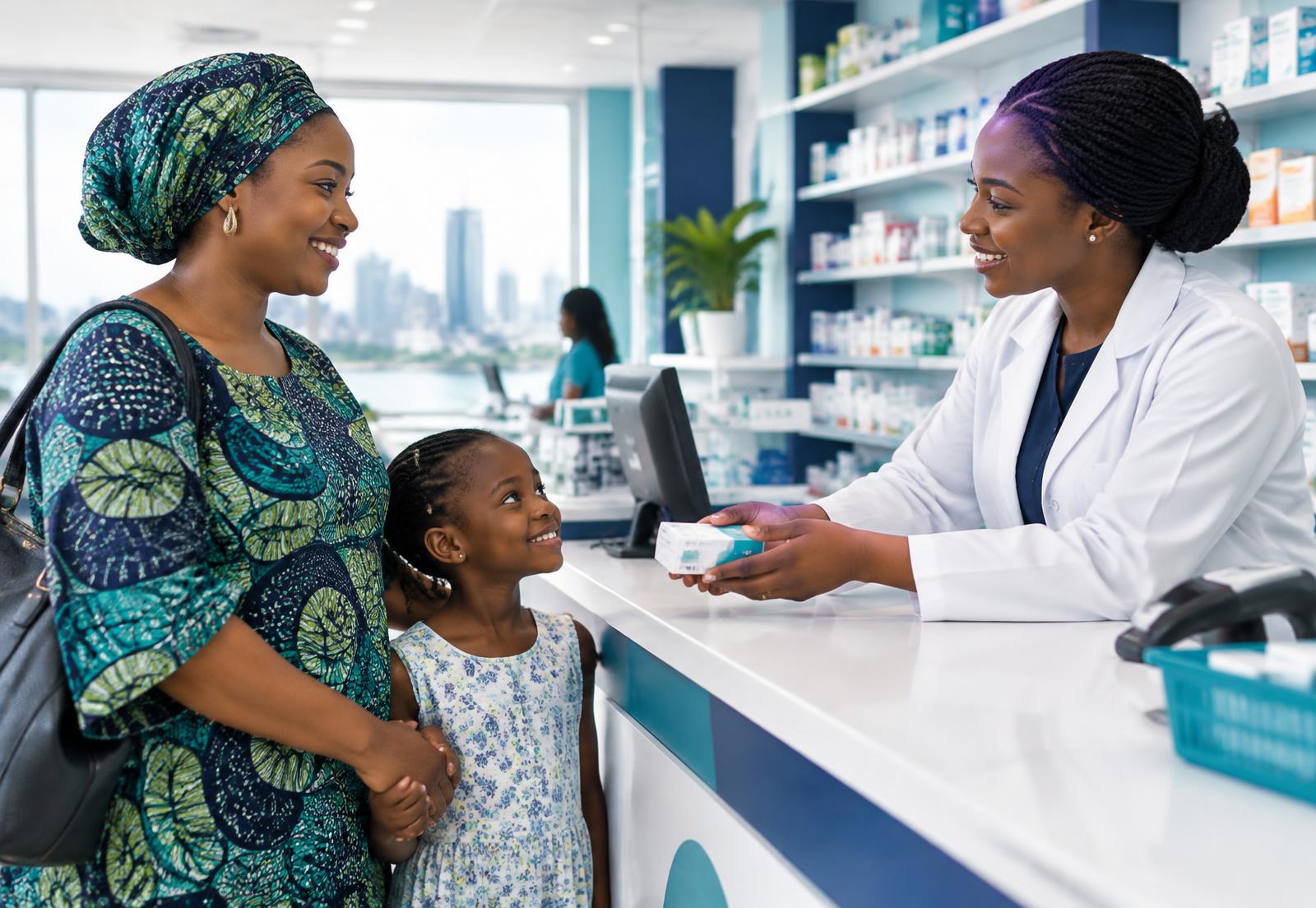 A pharmacist handing medicine to a mother and her daughter in a modern pharmacy